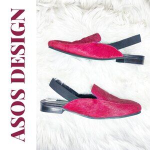 ASOS RED PONY HAIR SLINGBACK LOAFER MULES LOW HEEL, SIZE 7